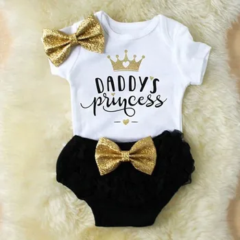 

3PCS Newborn Baby Girl Outfits Crown Print Bodysuit PP Shorts Birthday Outfit Baby Clothes Girl Clothing Princess Girl Clothes