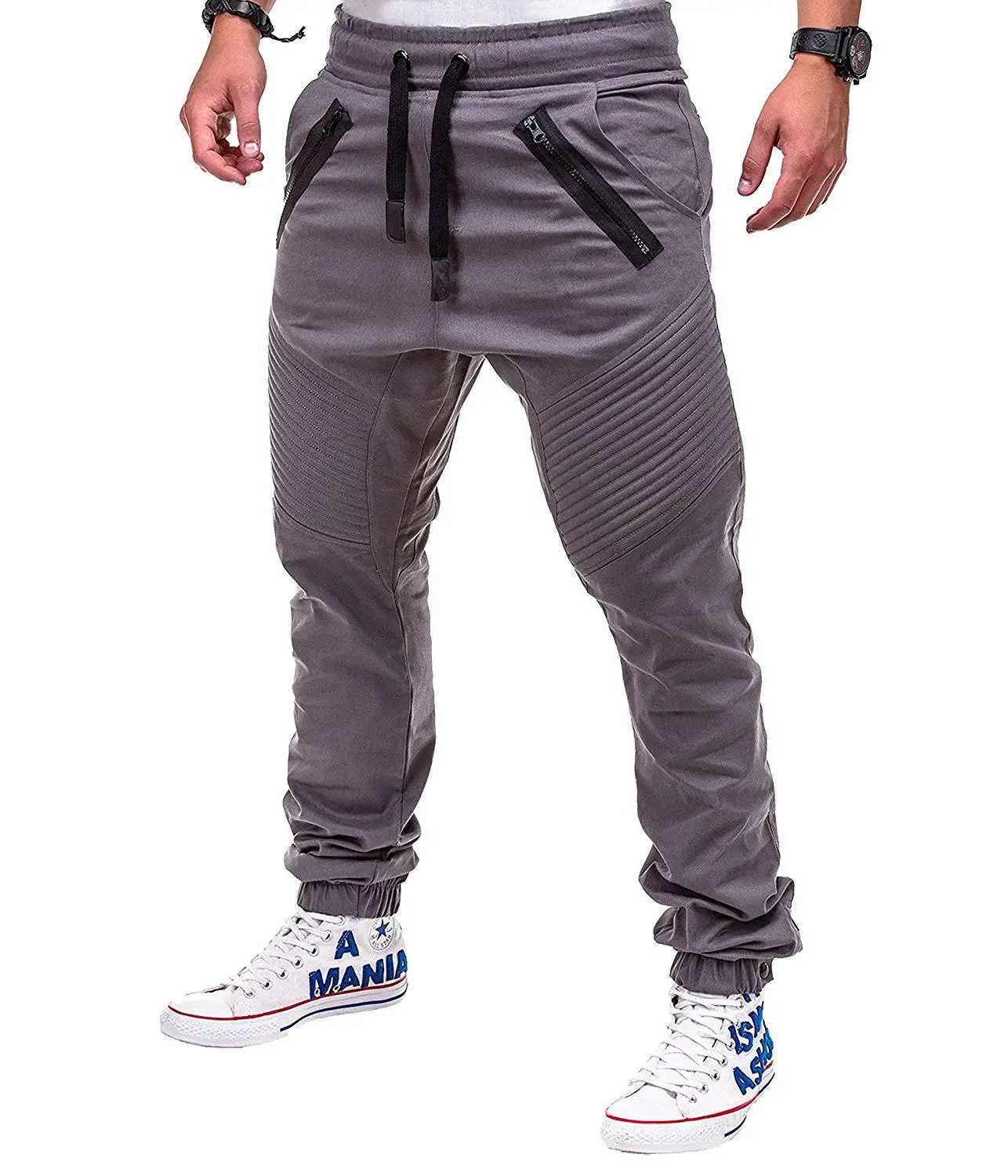 Pantalones, мужские спортивные штаны, популярные, повседневные, для фитнеса, на молнии, Мужские штаны, в полоску, леггинсы, хип-хоп, джоггеры, Комбинезоны для мужчин - Цвет: Серый