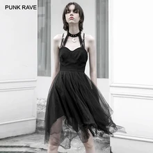 PUNKRAVE/женское сексуальное платье без рукавов в стиле Лолиты, темно-черное летнее платье с неровной сеткой, женское платье