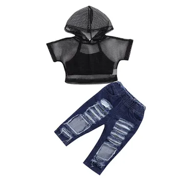 

1-6 year Children Summer Clothing Toddler Kids 3Pcs Fishnet Hooded Crops Vest Tops Ripped Hole Jeans Pants Outfits Girls Clothes