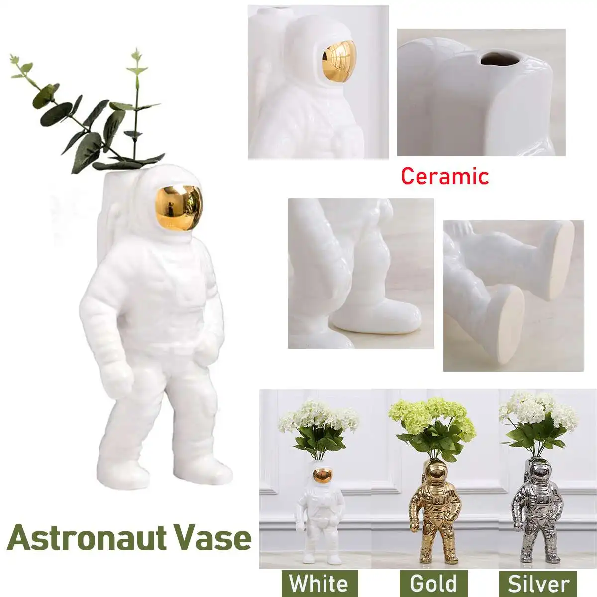 Ceramic Flower Plant Vase Space Man Sculpture Astronaut Cosmonaut Decorations 