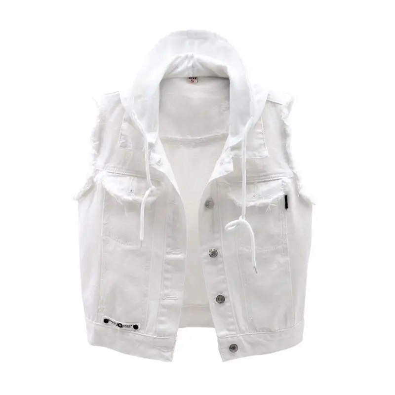 White Denim Vests Women Detachable Hooded Short Sleeveless Jacket Vest
