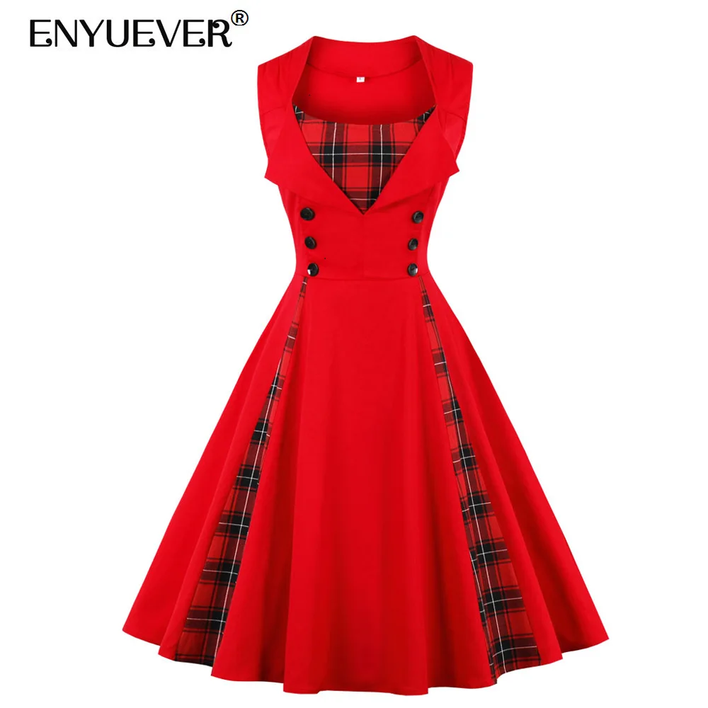 

Женское платье в клетку Enyuever, винтажное Хлопковое платье в горошек, с цветочным принтом, с застежкой на пуговицах, летнее, повседневное