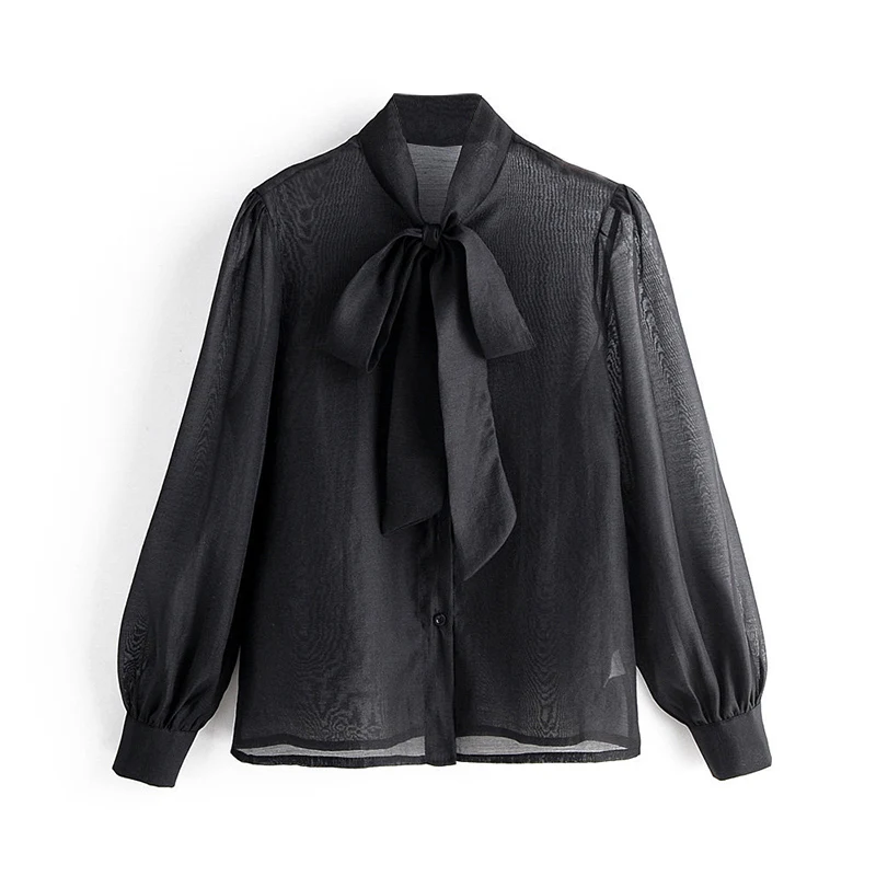 Модная Прозрачная черная блузка с бантом на шее, плиссированные топы из органзы с длинным рукавом, сексуальная прозрачная рубашка, женские шикарные стильные Блузы Mujer - Цвет: Black
