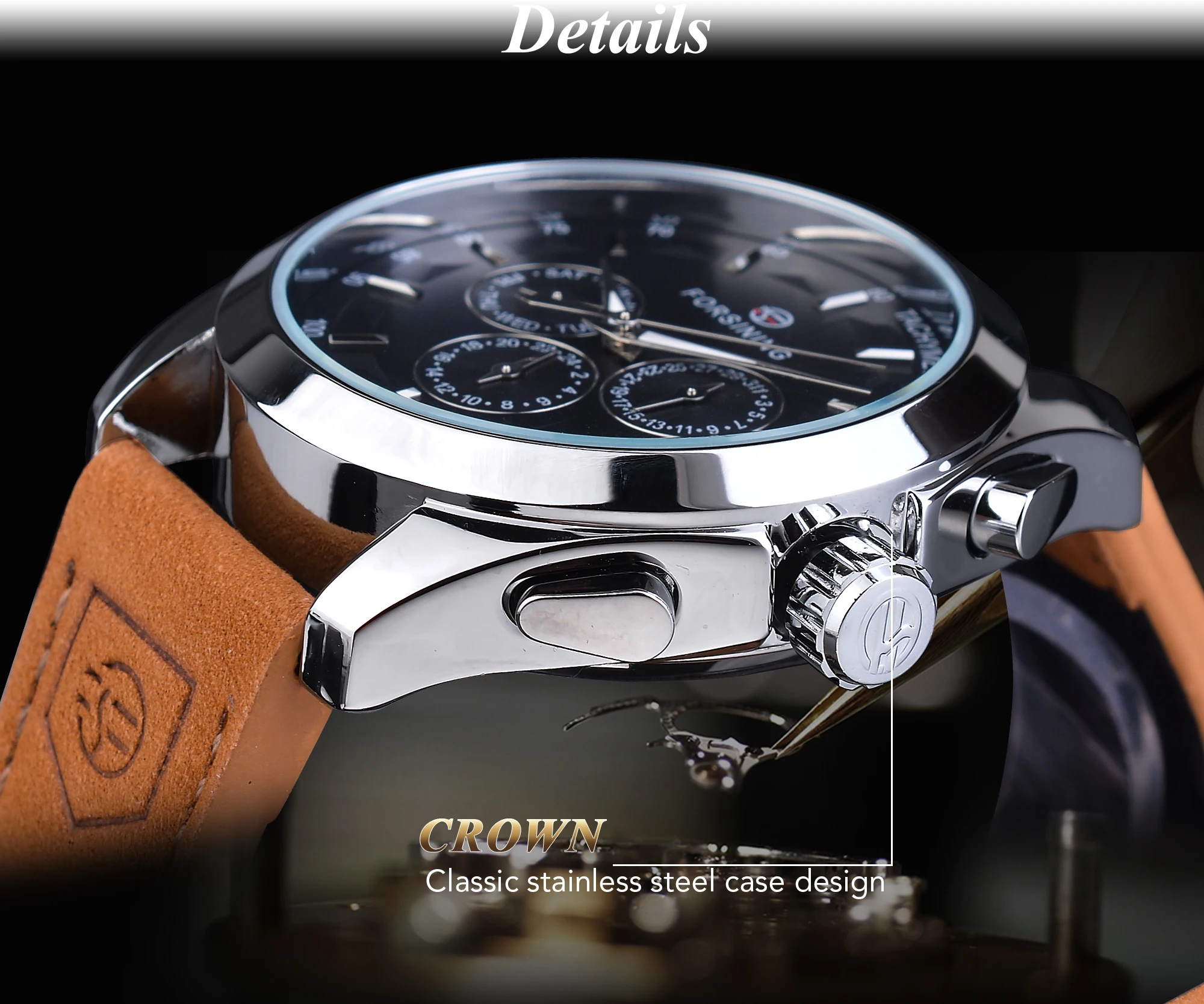 Forsining Automatische Mechanische Uhren Schwarzes Zifferblatt Herren Armbanduhr Mode Kalender Echtes Leder Männer Uhr Relogio Masculino_voghion.com