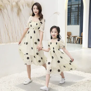 

PPXX Polka Dot Chiffon Dress Mom Daughter Family Matching Dresses Teenager Girl Princess Dress Woman Family Outfits Plus Size