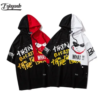 

FOJAGANTO Men Casual T Shirts Short Sleeve Hooded Tees Shirts Hip Hop Clown Graffiti Printed Street Male Fashion Street Tops