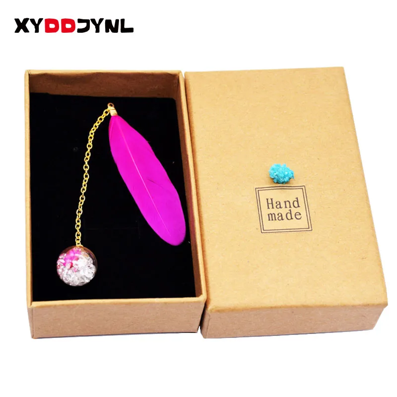 Boxed Colorful Feather Glass Ball Bookmark Retro Cute Book Markers Kawaii Stationery School Office Supplies Teacher Gift 1 Pcs