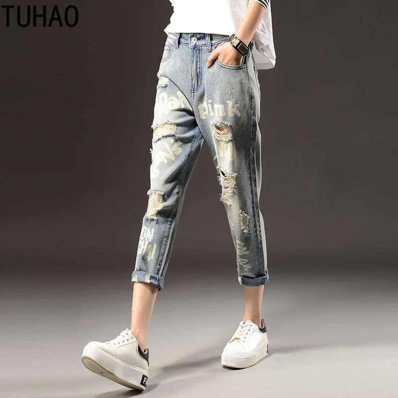 TUHAO, размера плюс, 7XL, 6XL, 5XL, летние рваные джинсы, женские джинсы с высокой талией, обтягивающие джинсы, брюки-карандаш, WM38