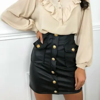 

2020 Women Fashion PU Leather Pencil Skirt Ladies A-Line High Waist Buttons Bodycon Club Casual Mini Skirts