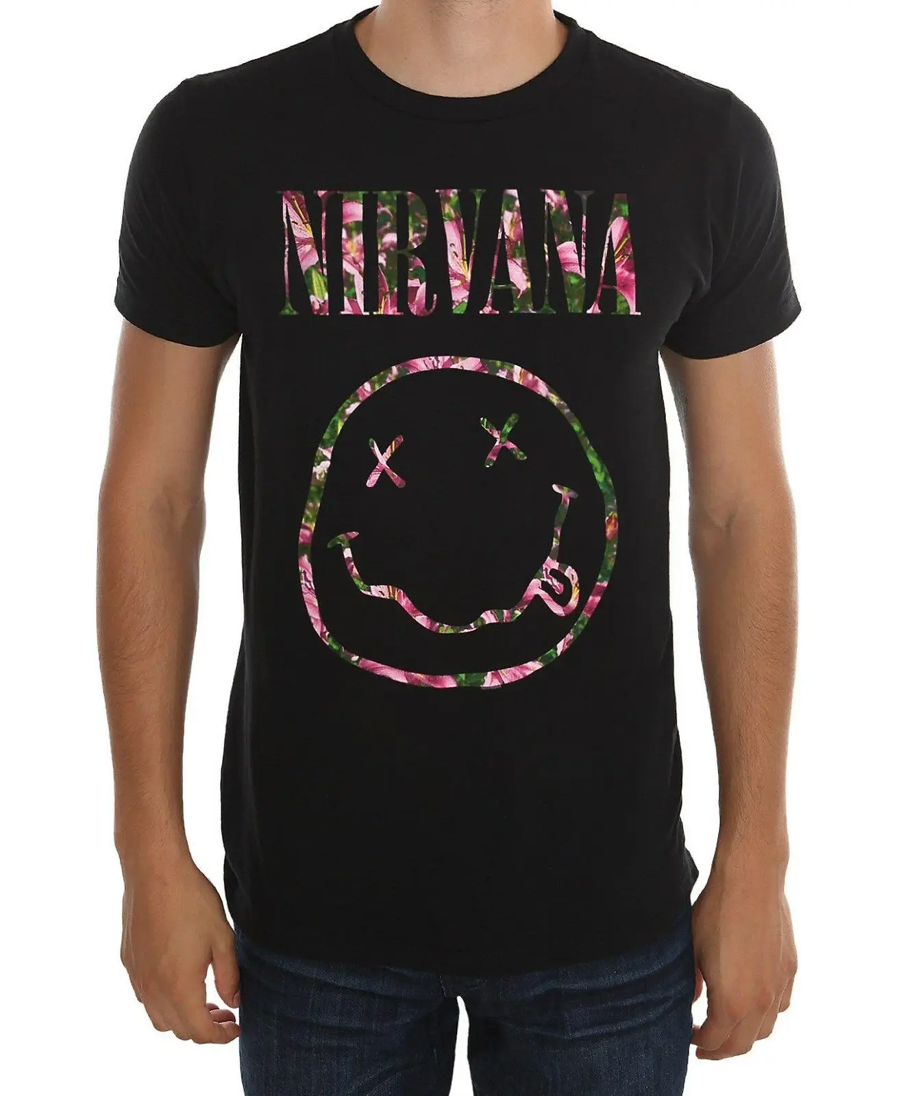 

Nirvana Kurt Cobain FLORAL SMILEY FACE T-Shirt NWT Authentic & Licensed