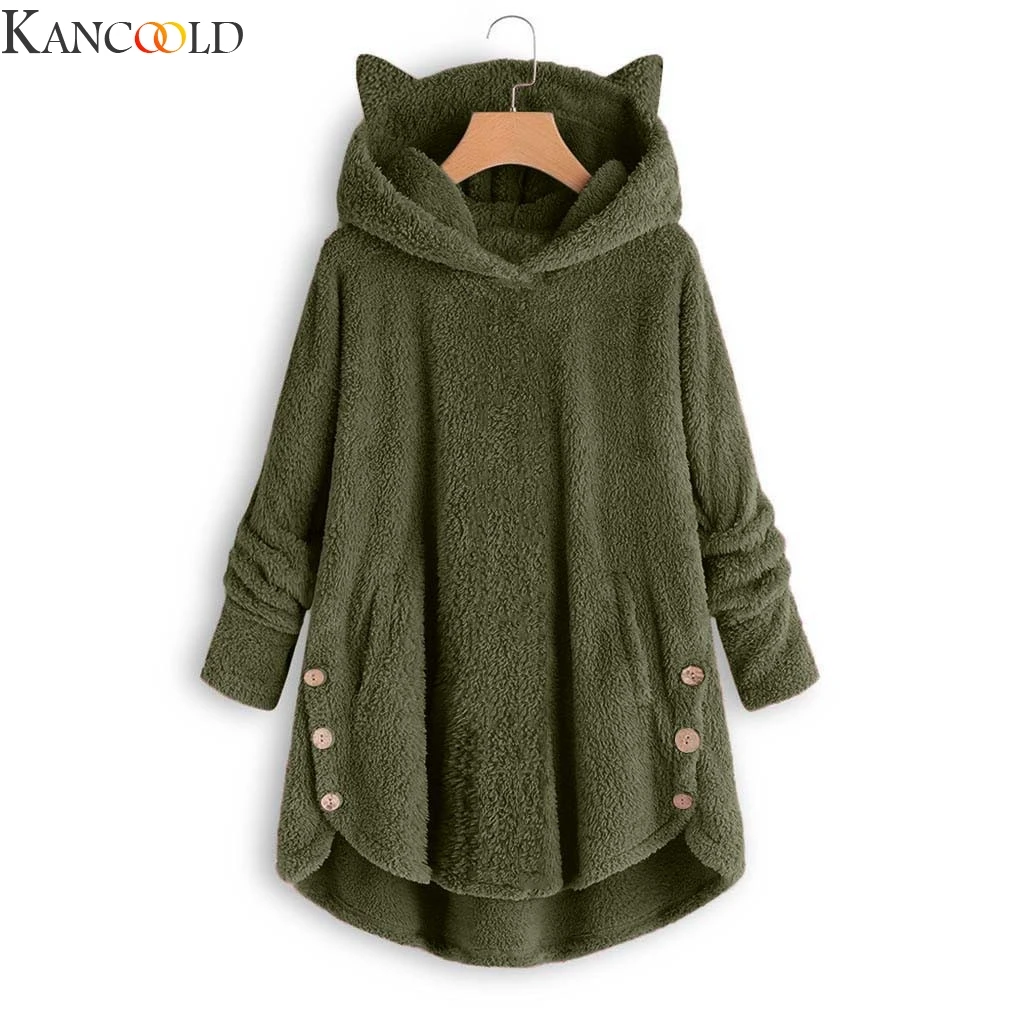 KANCOOLD, женские толстовки, толстовка, зимняя, утолщенная, теплая, флисовая, с милыми кошачьими ушками, на пуговицах, пальто, Kawaii, пуловер с капюшоном, свободные толстовки