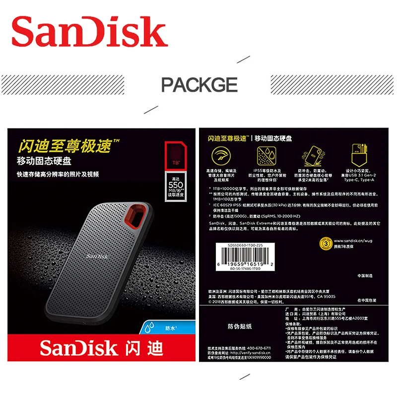 SanDisk внешний портативный SSD 500GB 1 ТБ 2 ТБ 550 МБ/с. жесткий диск pssd USB 3,1 твердотельный диск type-C для Windows Mac Book ноутбука