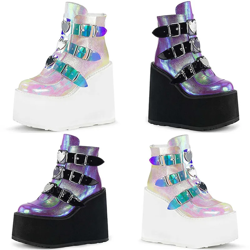 

Siddons Trend 2020 Women Platform Ankle Boots Winter Wedge High Heels Buckle Decorated Punk Booties Back Zipper Botas Mujer