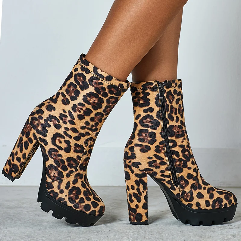 

2019 Women 12.5cm High Heels Suede Leopard Boots Fetish Girl Ankle Boots Gothic Block Heels Fall Winter Platform Plus Size Shoes