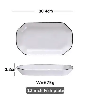 30.4 cm fish plate Керамические обеденные тарелки, белые блюда, черная инкрустация, кухонная посуда, блюда для еды, рисовый салат, лапша, миска, суп, кухонные принадлежности - Цвет: 30.4 cm fish plate
