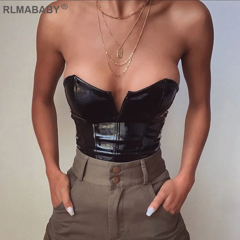RLMABABY, черный, без бретелек, из искусственной кожи, сексуальный женский боди, для ночного клуба, вечерние, женский комбинезон, короткий, базовый, женский, боди