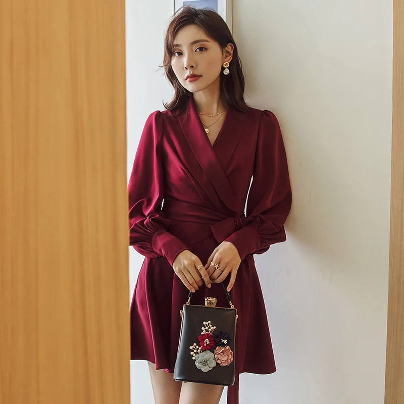 

YIGELILA Autumn Deep Wine Dress Turn-Down Collar Long Sleeves Dress Bandage Bow Lantern Sleeves Above-knee Mini Dress 65161
