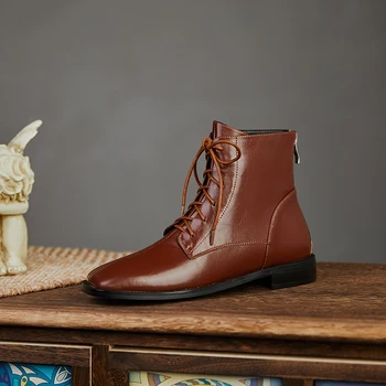 

Women Genuine Leather Ankle Boots Autumn Winter Party Basic Shoes Woman back Zipper square Toe Low heels Short Boots