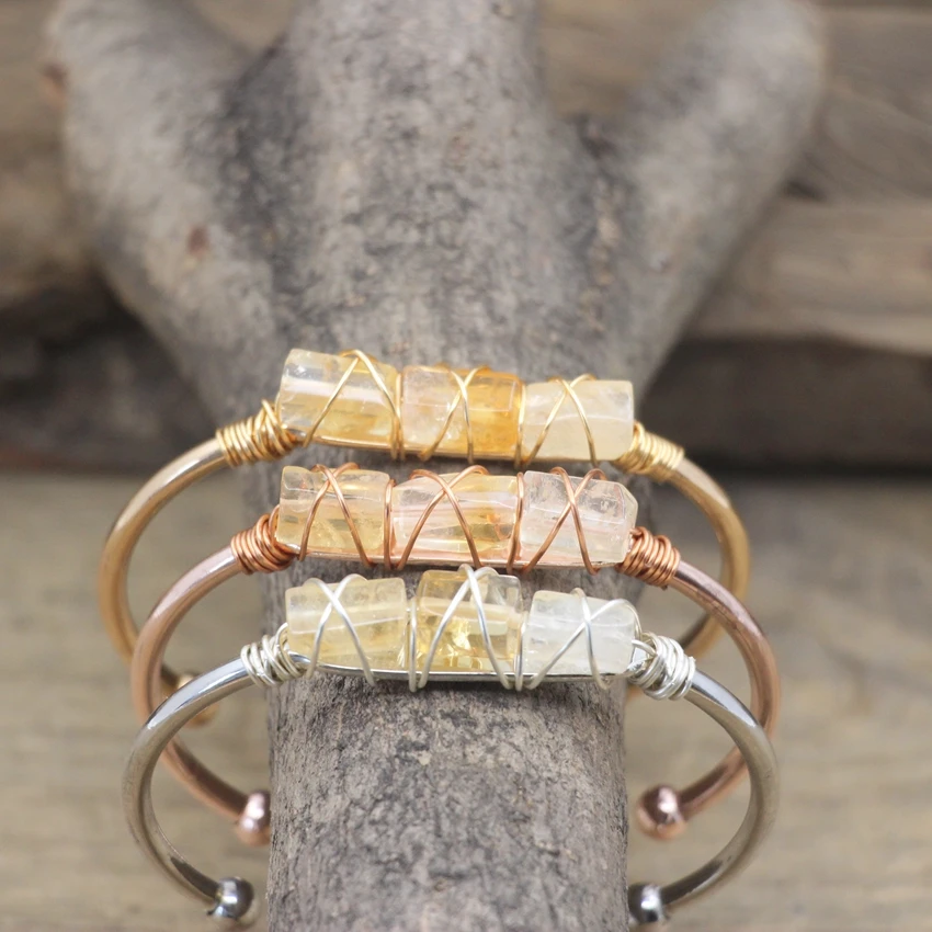 Raw Citrines Tube Beads Open Cuff Bangles Brass Wire Wrap Natural Yellow Crystal Quartz Bracelet Fashion Women Jewelry QC2072