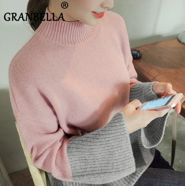 

Korean Elegant Sweet Flare Sleeve Knitted Short Sweater Patchwork Color Turtleneck Pullover Female