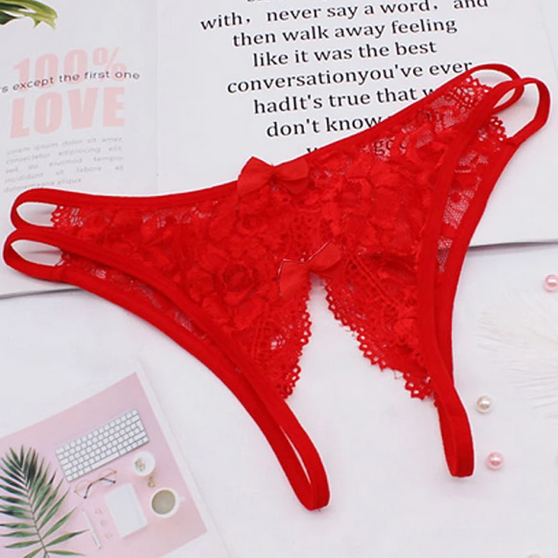 Women Summer Sexy Briefs Clothing Cutout Low Waist Lace Bowknot See Through Transparent Open Dental Floss Thong Panties LZR8986 |