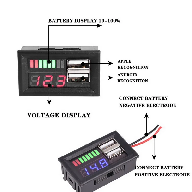 

Blue LED Digital Display Voltmeter Mini Voltage Meter Battery Tester Panel For DC 12V Cars Motorcycles Vehicles USB 5V2A output
