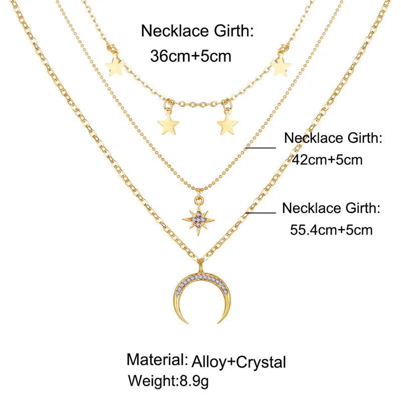 Винтажное многослойное Кристальное ожерелье с кулоном для женщин золотистого цвета Луна Звезда рога Полумесяца колье ожерелье ювелирные изделия подарок