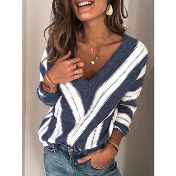 

Women Autumn V Neck Long Sleeve Sweater Tops Loose Knit Pullover Sexy Tops Patchwork Striped Print Elegant Pullover Sweater New