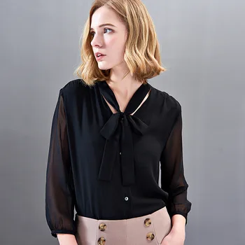 

women s blouses and tops silk floral office formal casual shirts plus large size 2019 summer sexy Haut femme black chiffon bows