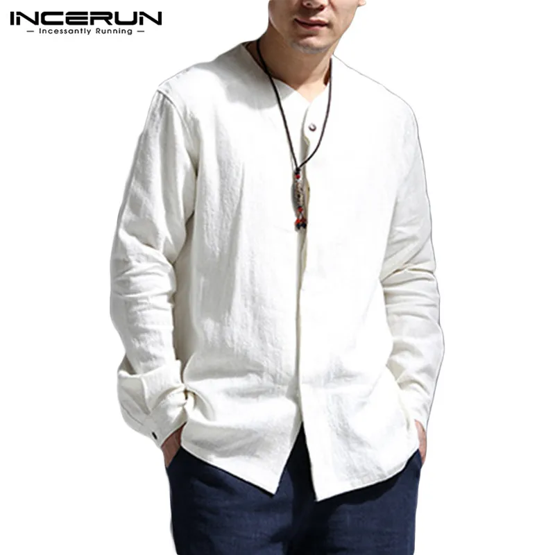White Shirt INCERUN Vintage Men Shirt Long Sleeve Retro Cotton Linen Button Chinese Style Casual Camisa Masculina V Neck Solid Shirts - Цвет: White Shirt