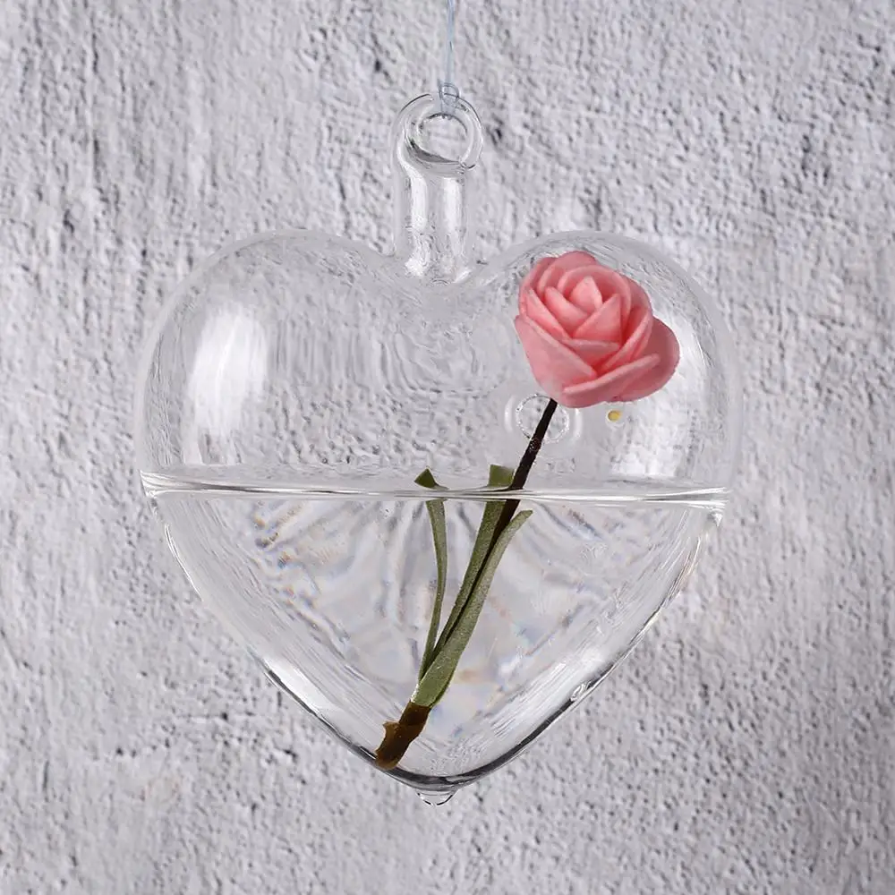 Black Heart-shaped Iron Hanging Plant Glass Vase Terrarium Stand Holder XR 