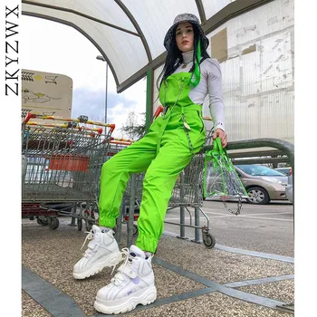 

ZKYZWX Neon Green Chain Buckle Overalls Jumpsuit for Women Clothing 2019 Spring Streetwear Fashion Casual Solid Color Rompers