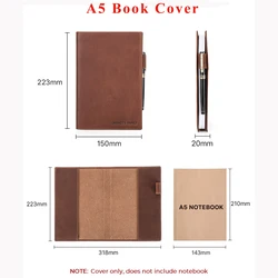 Vintage Leather Book Cover with Pen Holder - Premium Notebook Protector (A5 size)