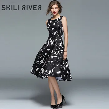 

2020 new summer designer fashion dress for women sleeveless slim casual print elegant O neck swing vest full dresses black white