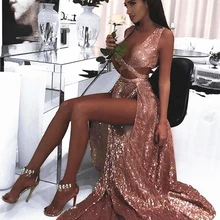 Блестящие платья для выпускного вечера с блестками из розового золота, с высоким разрезом, с полым лифом, модные, сексуальные, стильные, вечерние платья, блестящие, черные, с блестками