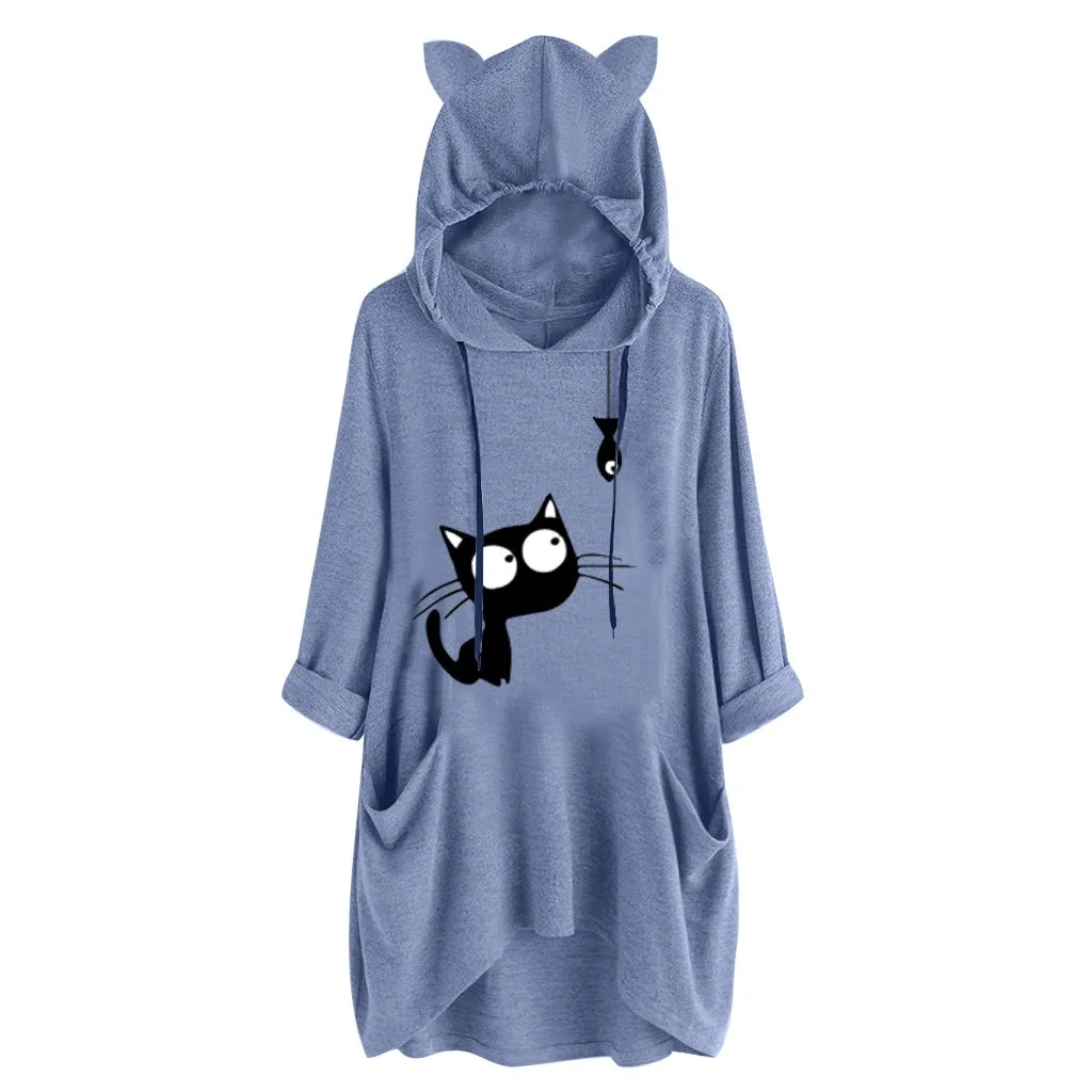 

JAYCOSIN Women's casual print small black cat ears hooded long sleeve irregular sweatshirt pocket autumn pullover long shirt 5XL