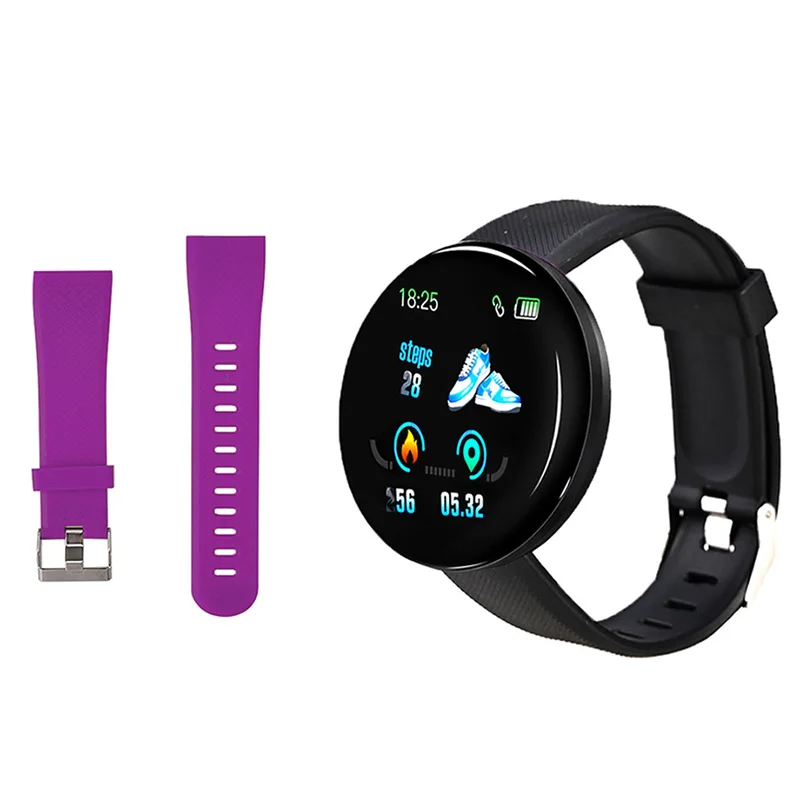 Смарт-часы D18, кровяное давление, фитнес-трекер, круглые умные часы, водонепроницаемые спортивные Смарт-часы для мужчин и женщин, для Android Ios Z2 - Цвет: Add Purple strap