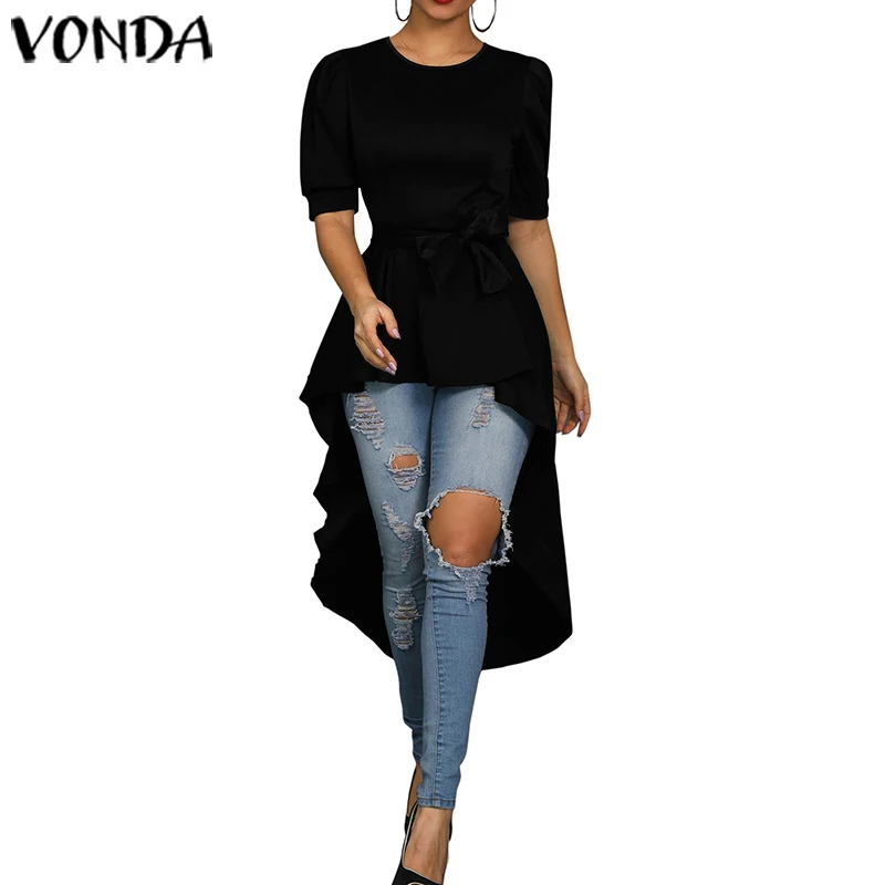 Черный VONDA, элегантные блузки, женские, одноцветные, с круглым вырезом, летние, половина рукава, блузка, повседневные, ассиметричные рубашки, Femme размера плюс, топы 5XL - Цвет: Черный