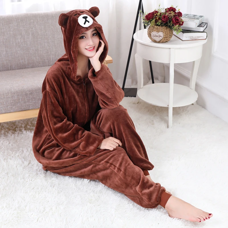 

Brown Onesie Women Men Adult Animal Bear Kigurumi Zipper Flannel Pajama Winter Warm Sleepwear XXL Suit Funny Festival Overalls