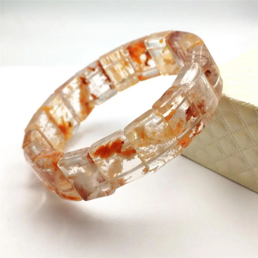 Natural Orange White Sericite Snow Red Phantom Quartz Bracelet 16x7mm Crystal Rectangle Beads Stretch Bangle Jewelry AAAAA