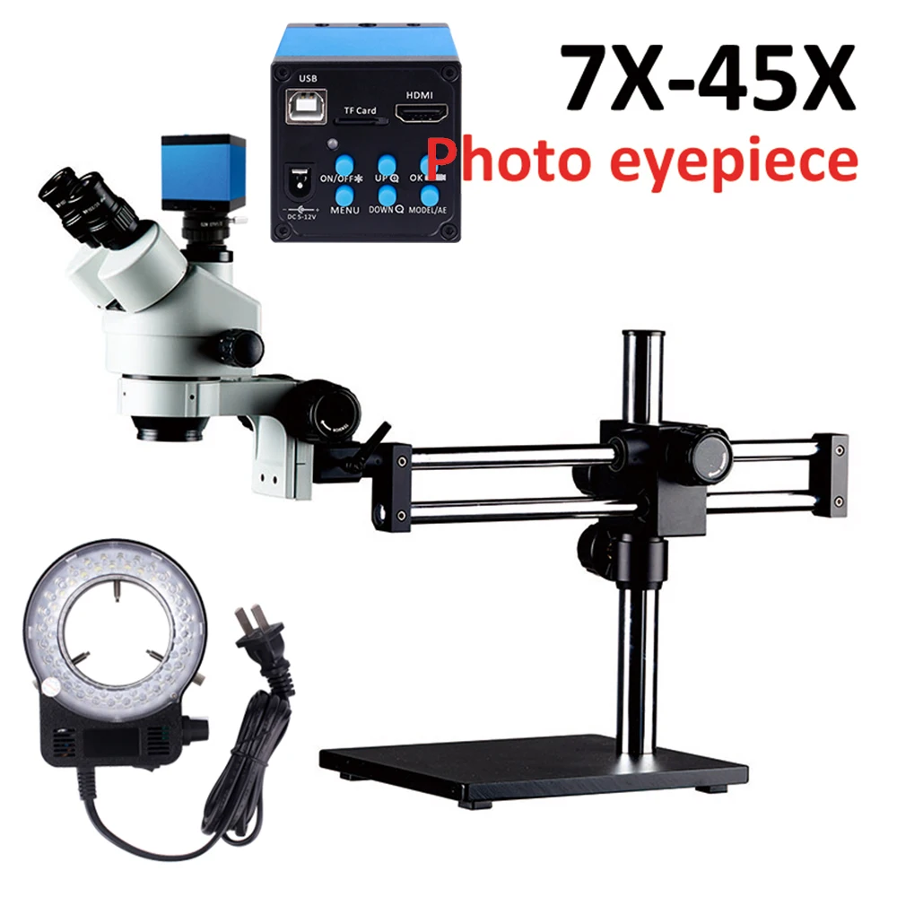 

Double Boom Stereo Zoom Trinocular Microscope 7X-45X 16MP Camera digital microscope for electronics with led light microscopes
