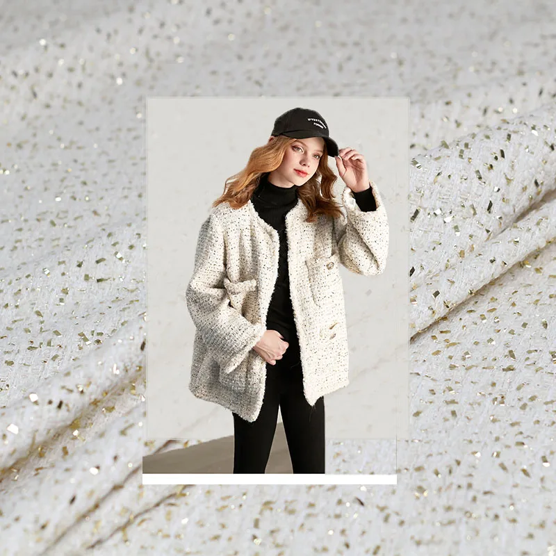 

Pearlsilk France White Golden Wool Tweed Fabrics Autumn Jacket Dress Suits Garment Materials The Sewing Cloth Meter Freeshipping