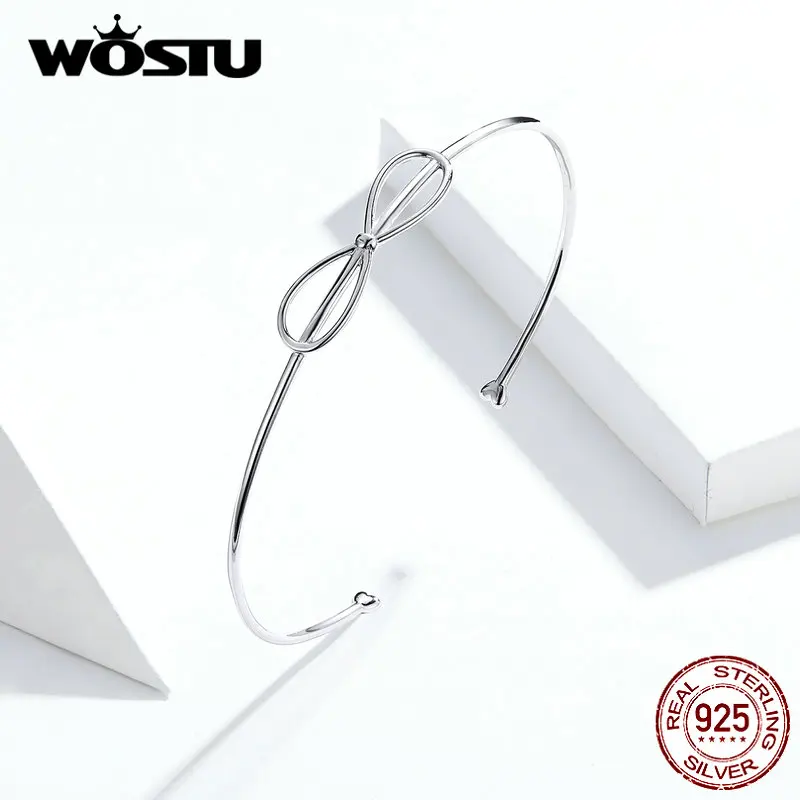 WOSTU Real 925 Sterling Silver Lovely Bowknot Bracelet Bangle Simple Design Fashion Jewelry For Women Gift DXB167