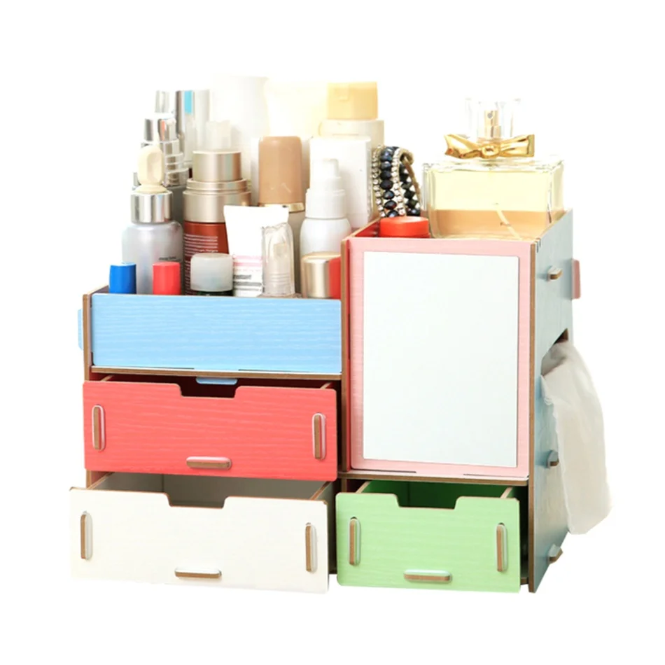 Multicolor S Многофункциональная настольная коробка для хранения деревянная шкатулка для принадлежностей для макияжа с выдвижными ящиками большой Ёмкость ювелирные украшения с зеркалом для хранения макияжа Органайзер - Цвет: Multicolor S