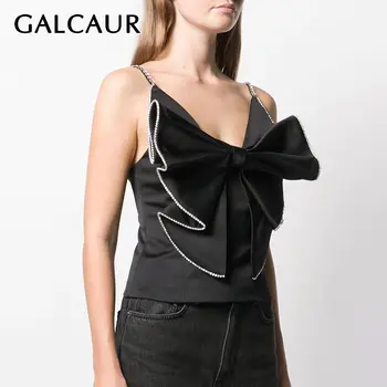 

GALCAUR Korean Sexy Bowknot Vest Women V Neck Sling Sleeveless Large Size Casual Vests Female Spring Fashion New Clothes 2020
