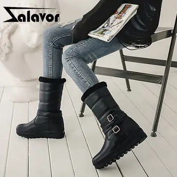 

ZALAVOR 2020 New Snow Boots For Women Winter Warm With Fur Mid Calf Boots Solid Color Round Toe Flats Shoes Women Size 30-42