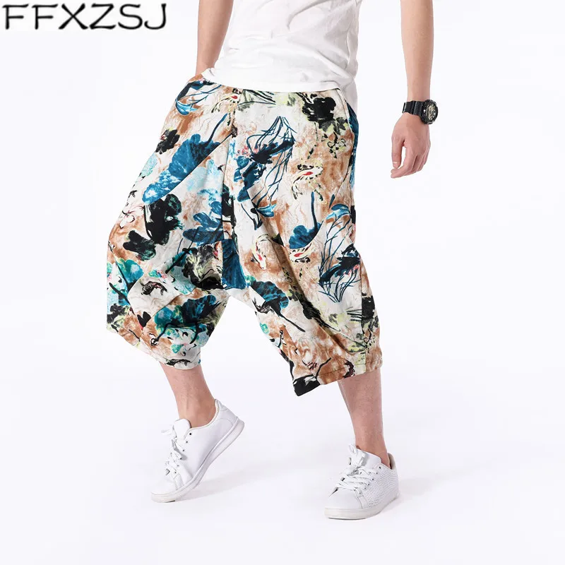 Унисекс свободные брюки-шаровары с заниженным шаговым швом и цветочным принтом, штаны-шаровары с завязками, повседневные свободные штаны, большие размеры