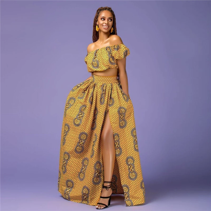 Летние африканские платья для женщин цветочный принт Дашики Базен Дамская одежда сексуальное платье с открытыми плечами африканская юбка богемная - Цвет: Color 5 Suit