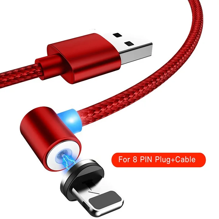 Магнитный кабель 90 градусов USB C зарядный кабель для Iphone X Xs samsung S9 S10 huawei светодиодный Micro USB кабель для быстрой зарядки данных - Цвет: Red For 8-PIN